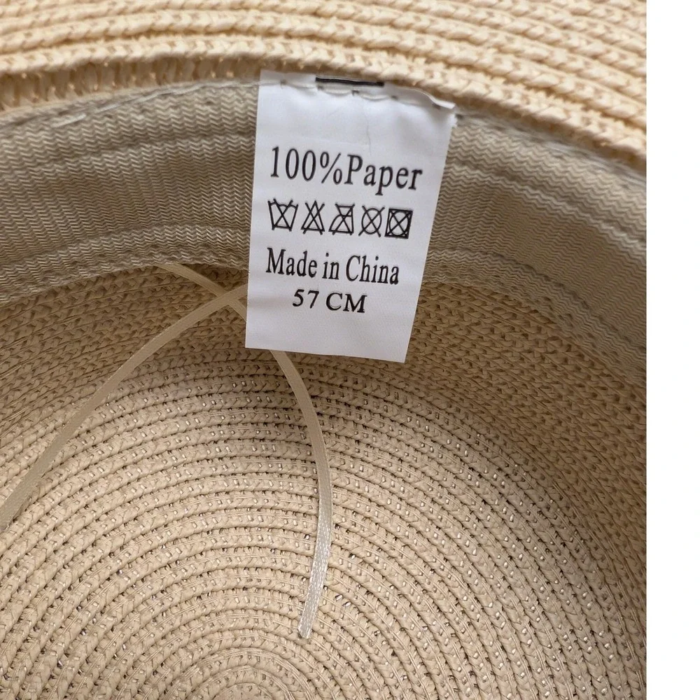 Beige Paper Straw Boater Hat Pearl‎ Trim Chain Strap Summer Beach Bridal Boho